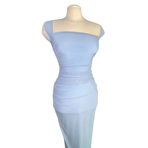 Lulus Amazing Presence Slate Blue Mesh Ruched Column Maxi Dress Sz XS Womens Blu - Picture 13 of 16